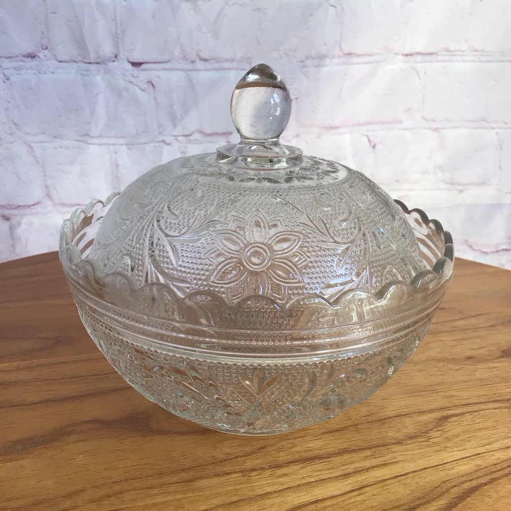 Vintage Indiana Glass Covered Candy Dish with Intricate Floral Pattern